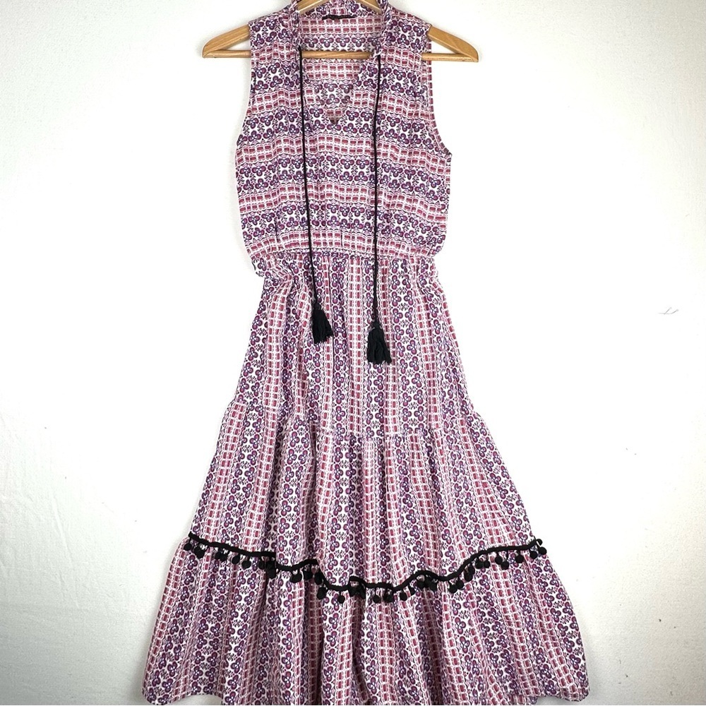Magari Geo Paisley Print Maxi Dress  Pompom Tassels Cotton Made in Italy